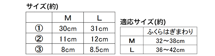 M　ふくらはぎまわり　32～38cm、L　ふくらはぎまわり　36～42cm