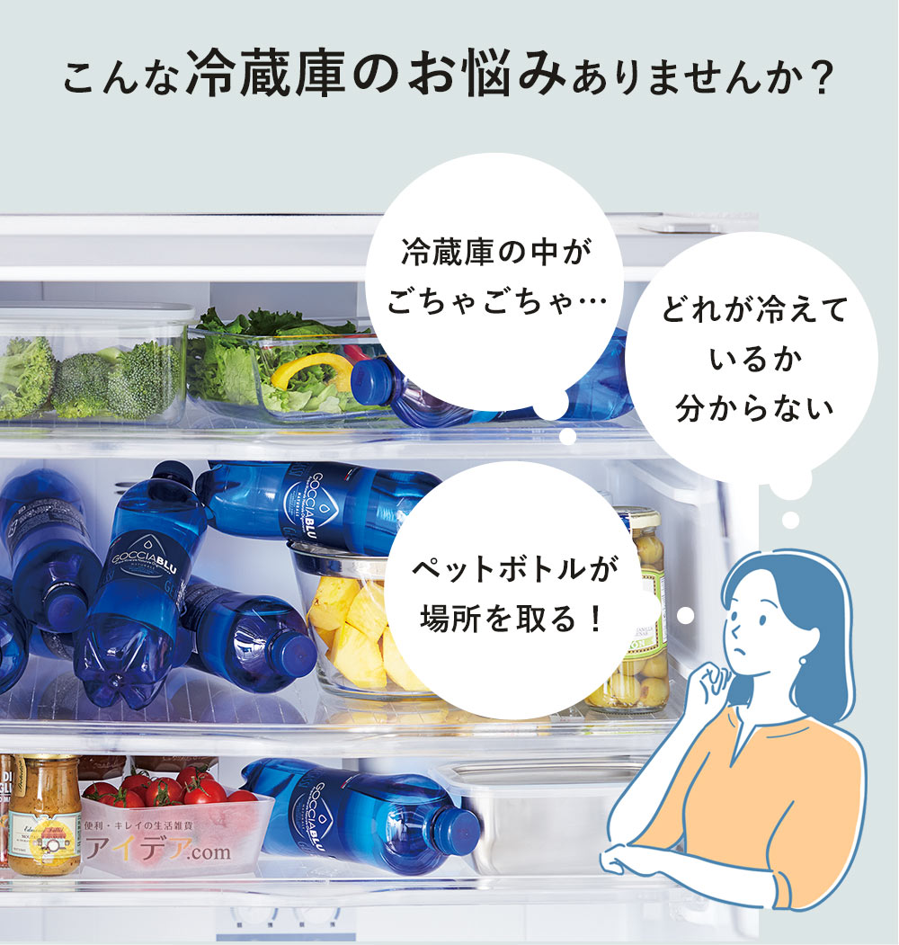 こんなお悩みありませんか？「冷蔵庫の中がごちゃごちゃ…」「どれが冷えているか分からない」「ペットボトルが場所を取る！」