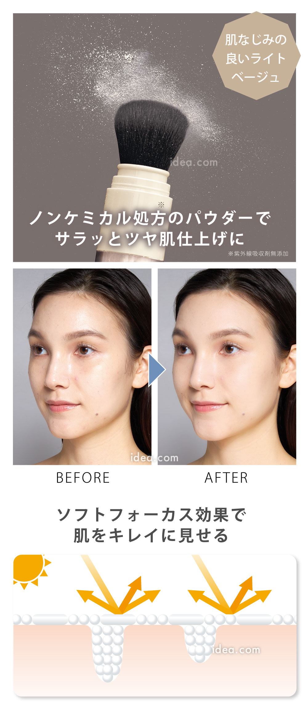 ノンケミカル処方のパウダーでサラッとツヤ肌仕上げに