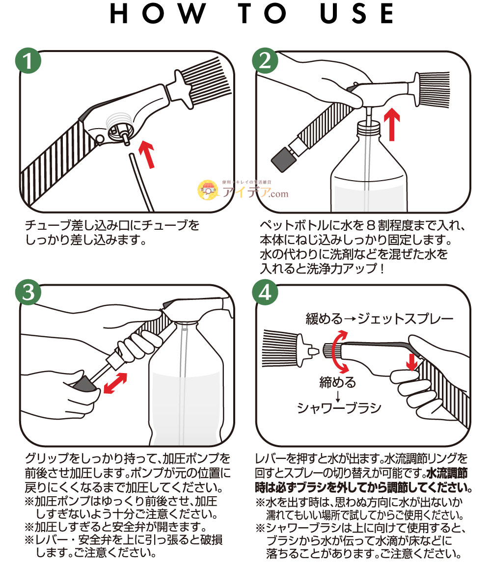 汚れスッキリ！ジェット水圧ブラシ:ご使用方法