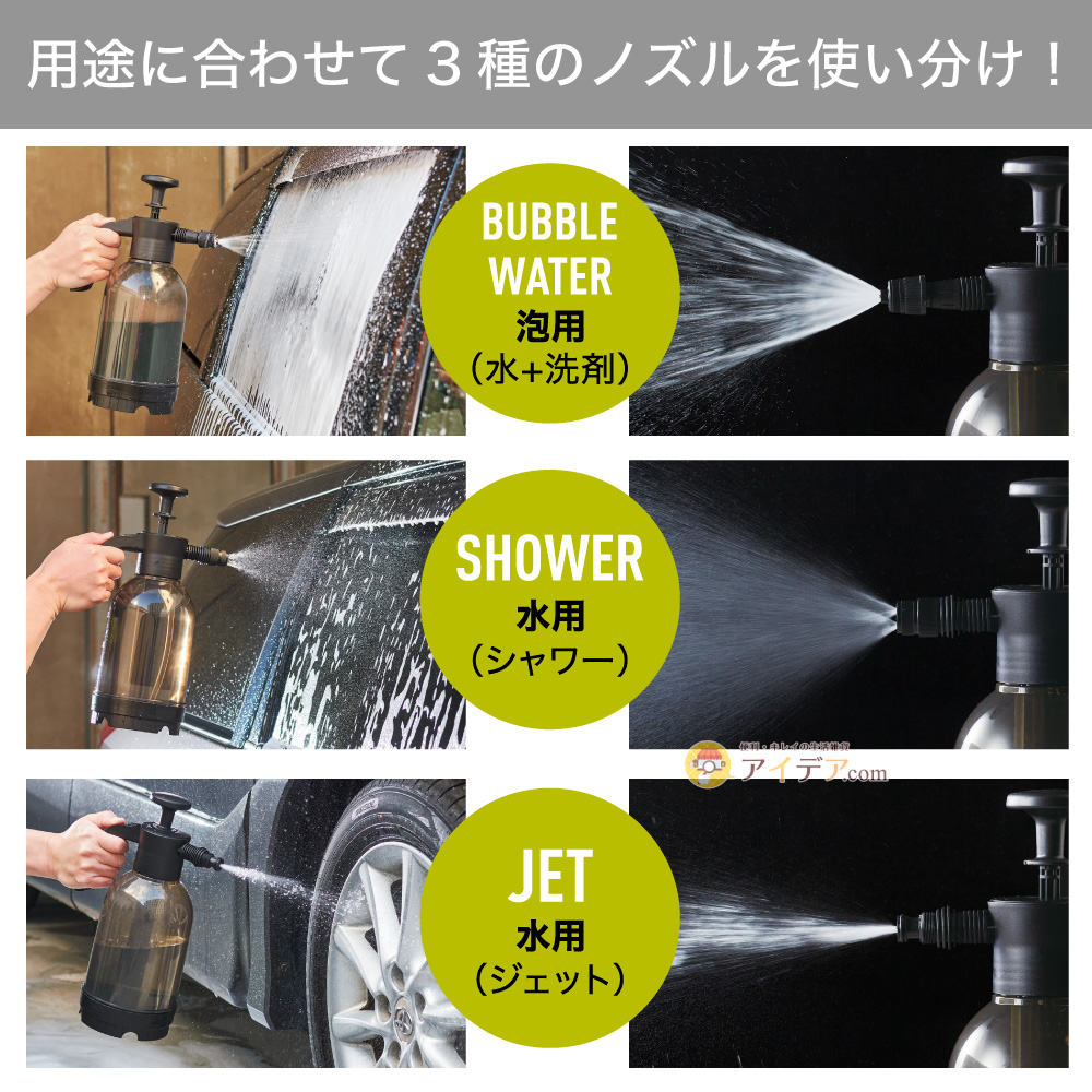 CARFITY バブルジェット洗車スプレー:用途に合わせて3種のノズルを使い分け！