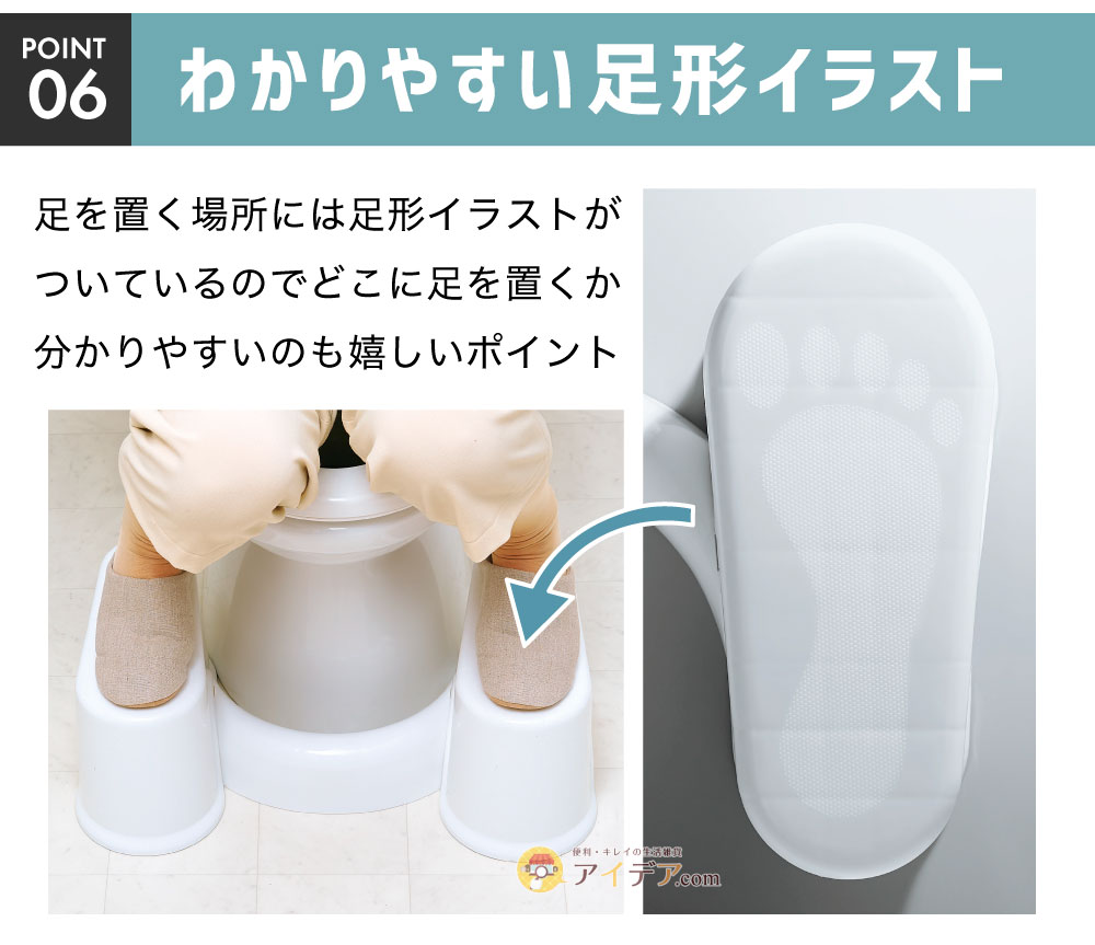 スッキリサポートトイレの踏み台:わかりやすい足形イラスト